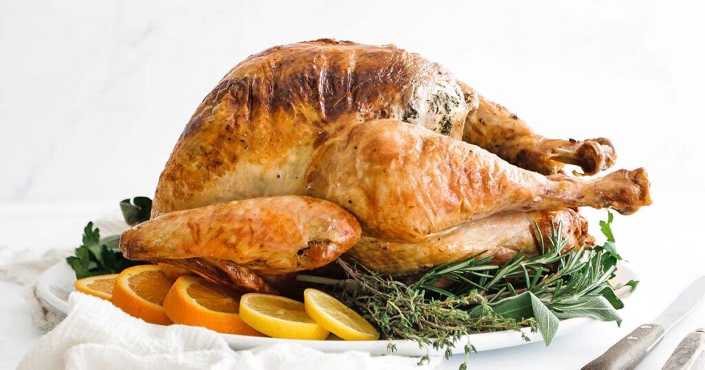roasted turkey on a plate with fresh herbs and orange slices