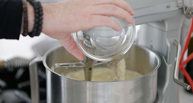 pouring herbs into a mixer with butter