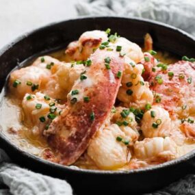 skillet of butter poached lobster