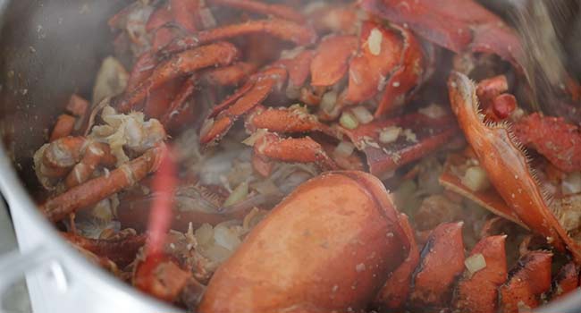 cooking lobster bodies in a pan