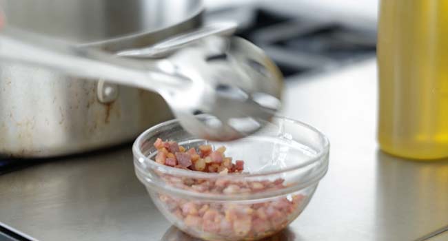 setting crisp pancetta to the side