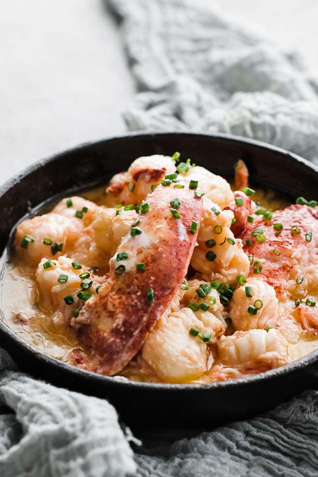 skillet of butter poached lobster