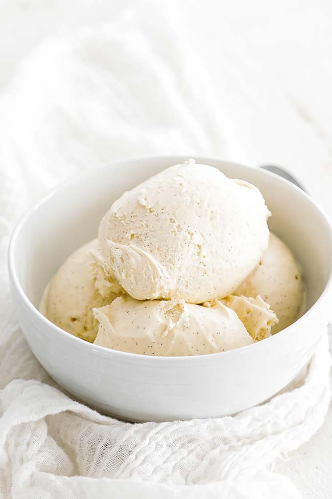 vanilla ice cream scoops in a bowl