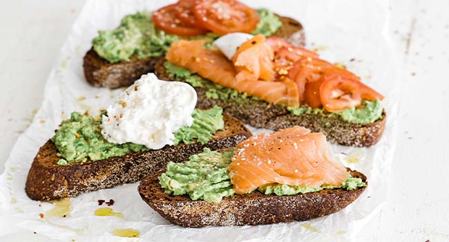 avocado toast with salmon and burrata 