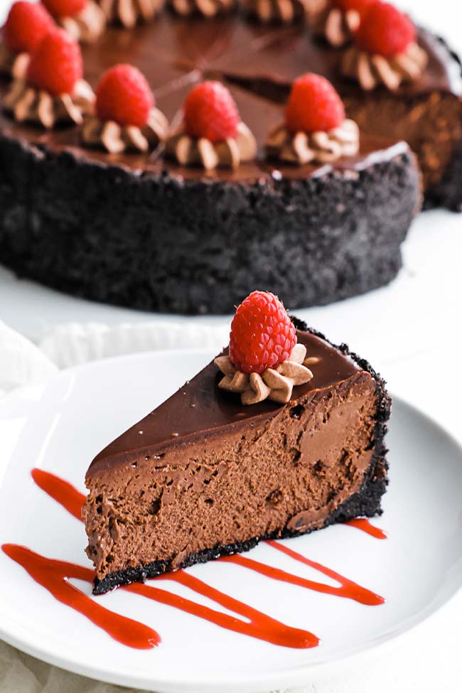 slice of chocolate cheesecake on a plate