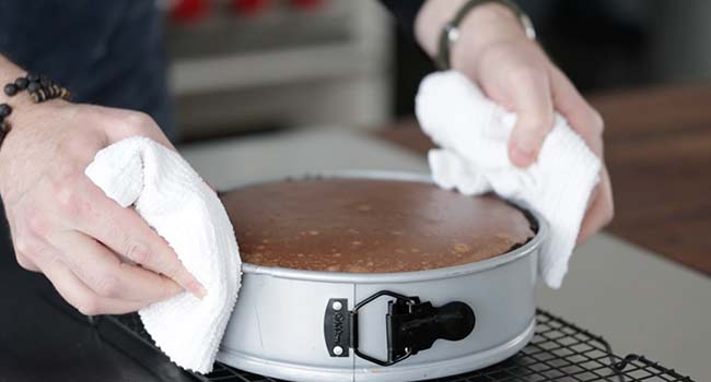 cooling cheesecake on a rack