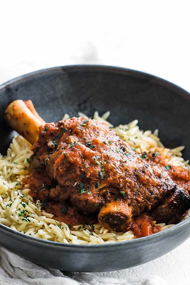 braised Greek lamb with orzo on a plate