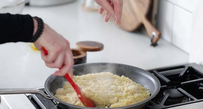 seasoning orzo in a pan