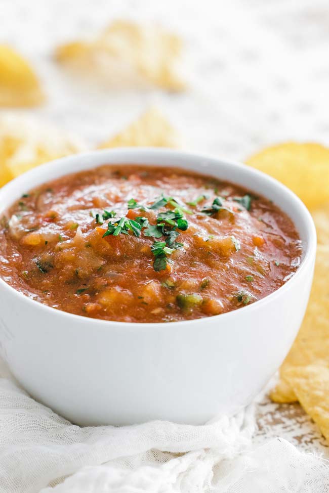 salsa in a bowl with chips