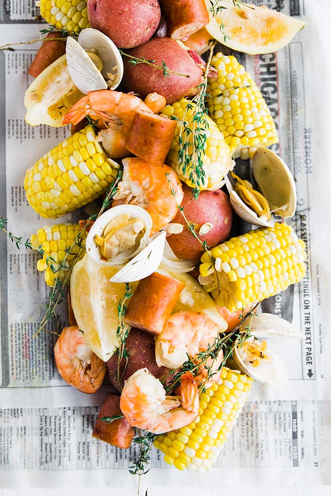 shrimp boil on newspaper 