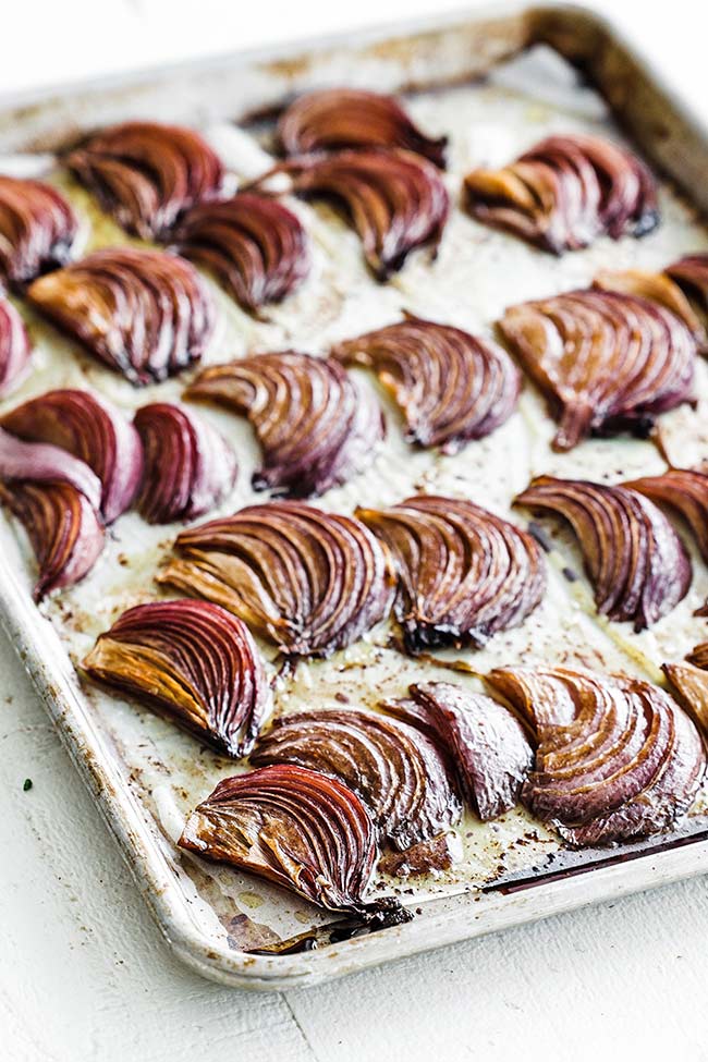 balsamic onions on a sheet tray
