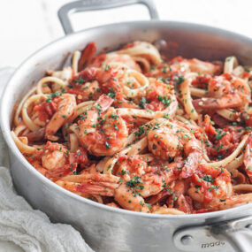 shrimp fra diavolo pasta in a pan