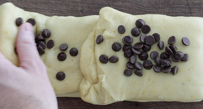 chocolate chips folded into dough