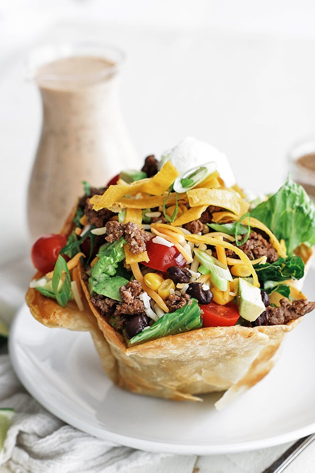 taco salad in a tortilla bowl