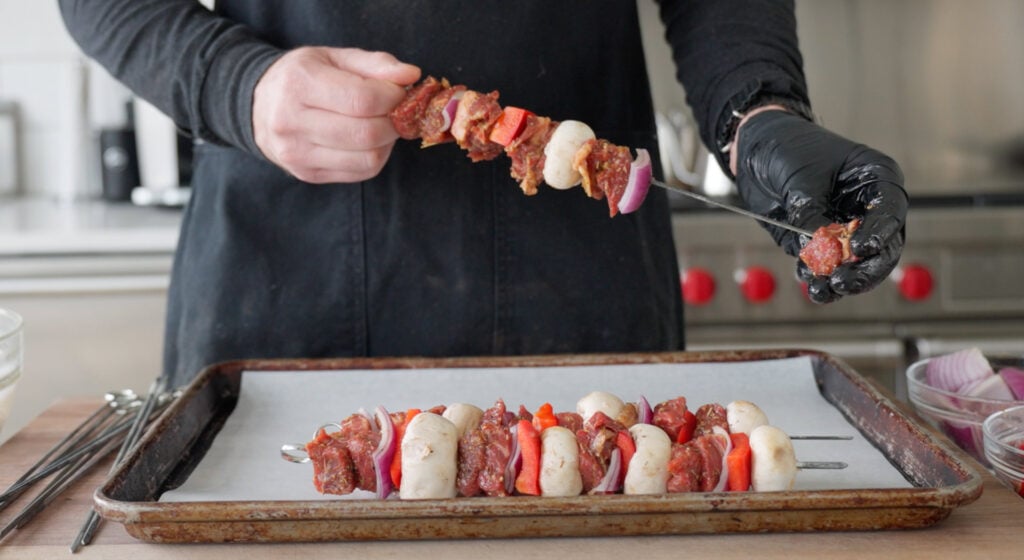 beef and veggies on skewer