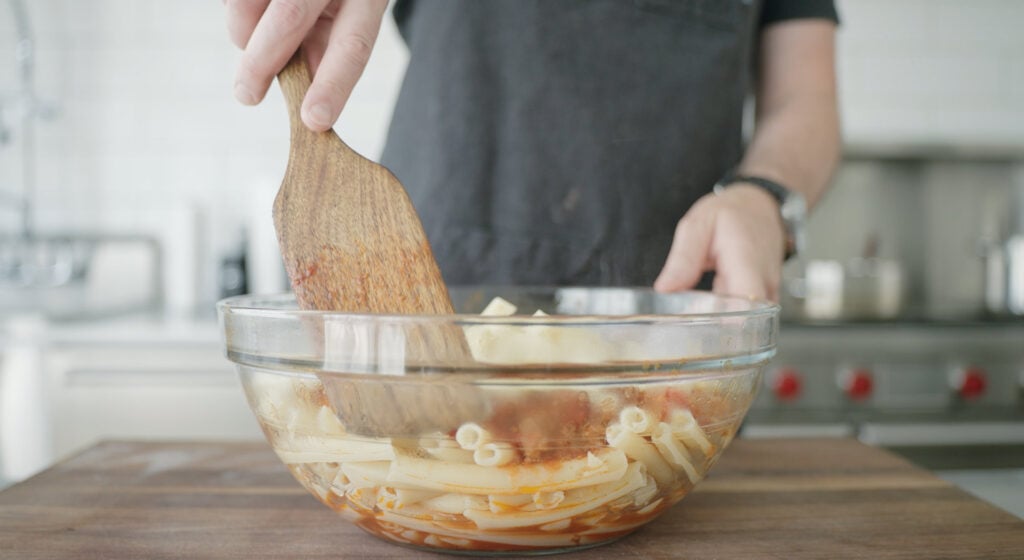 cheese and meat sauce combined in a bowl