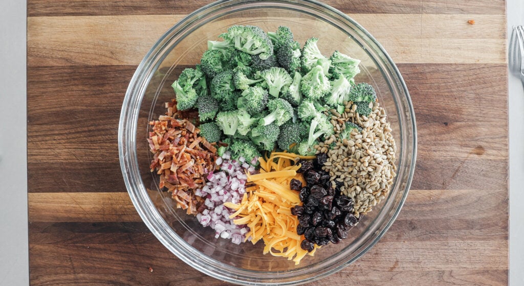 broccoli salad ingredients in a bowl
