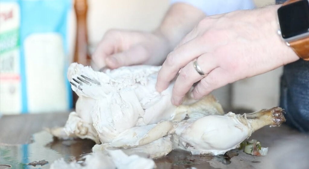 separating the chicken meat from the bones