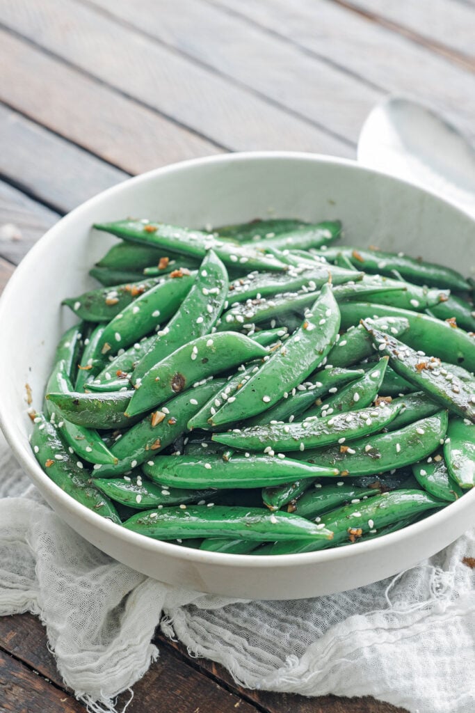 Sugar snap peas in a bowl