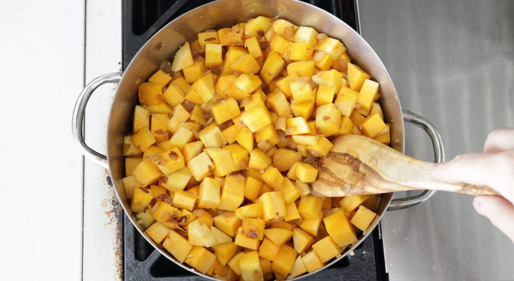 cubed butternut squash in a pot