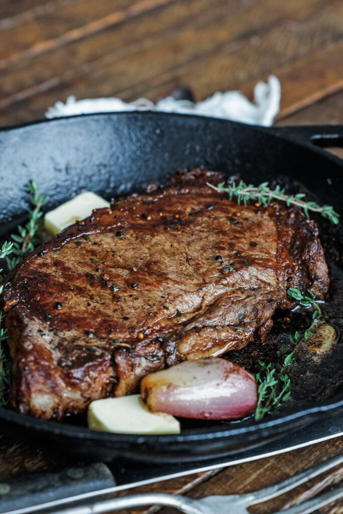 Pan Seared Ribeye in pan