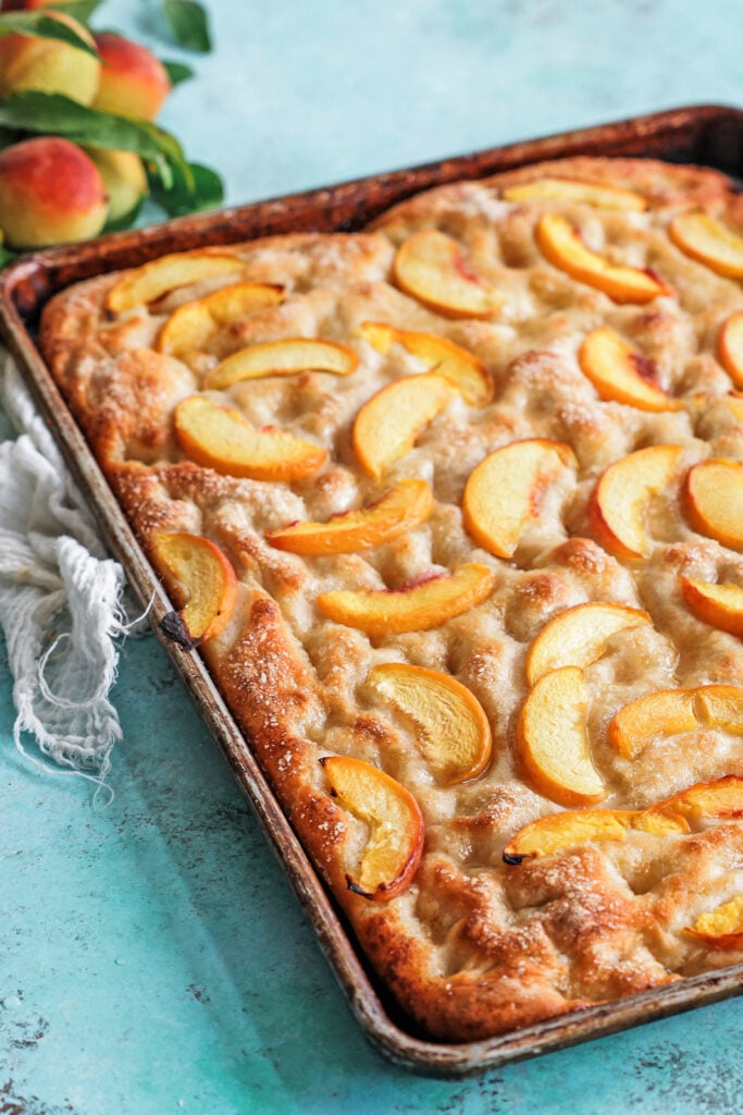 peach focaccia in a pan