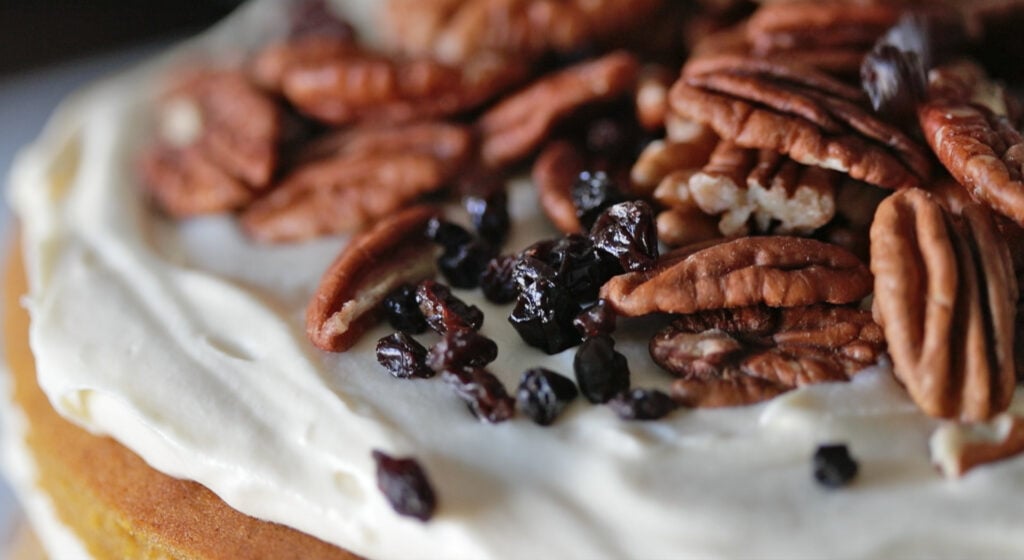 pumpkin layer cake with pecans and currants