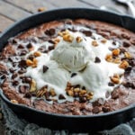 Skillet brownie topped with melty vanilla ice cream