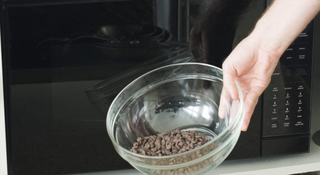 Chocolate chips in a microwave safe glass bowl