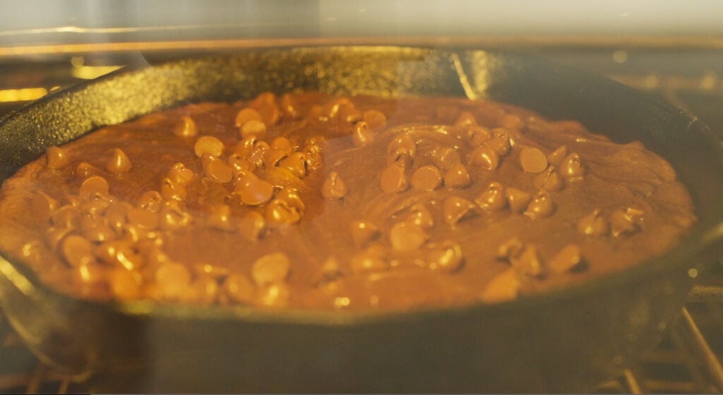 Skillet brownie in the oven