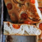 side view of sliced tomato focaccia