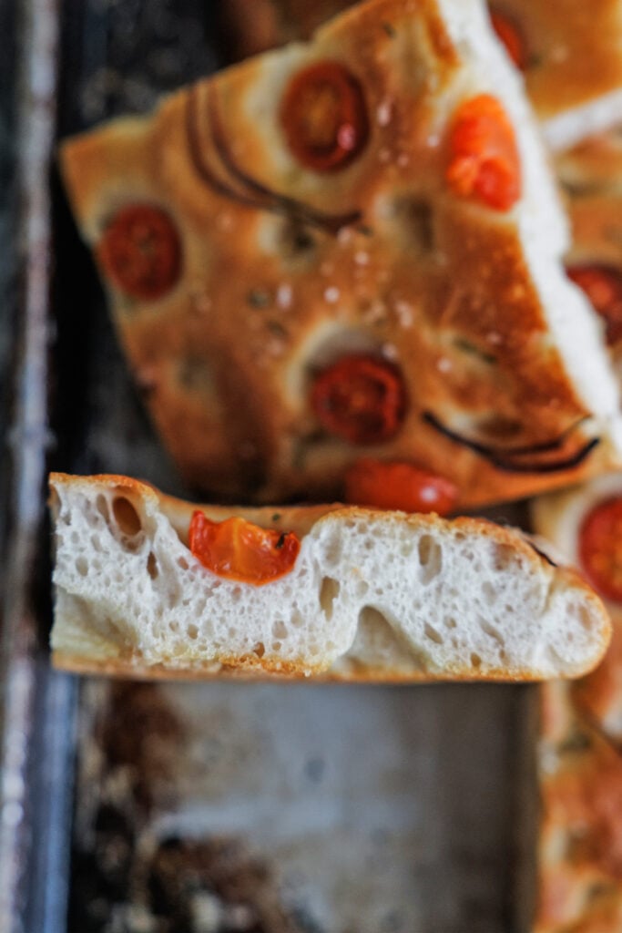 side view of sliced tomato focaccia