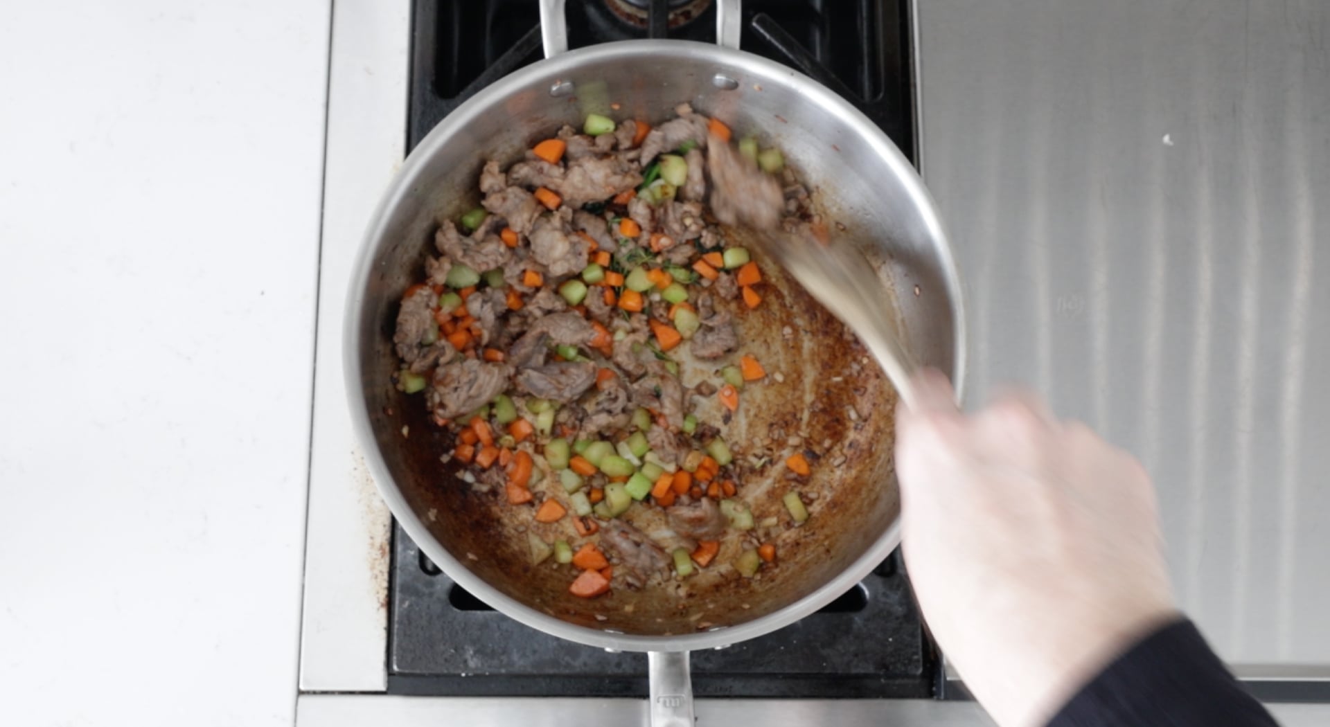 browning meat and veggies