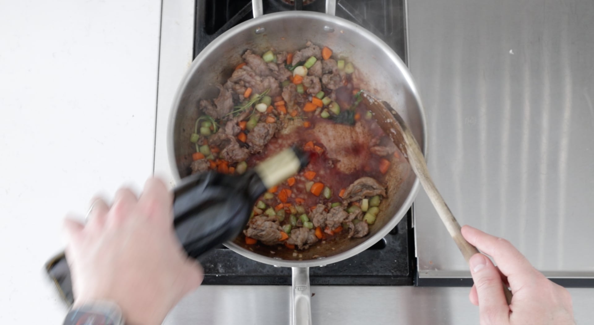 deglazing a pan with red wine