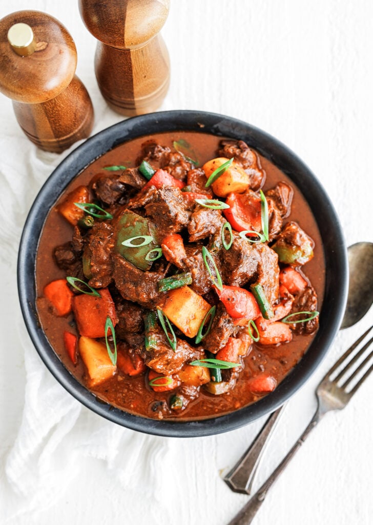 Beef kaldereta in a bowl