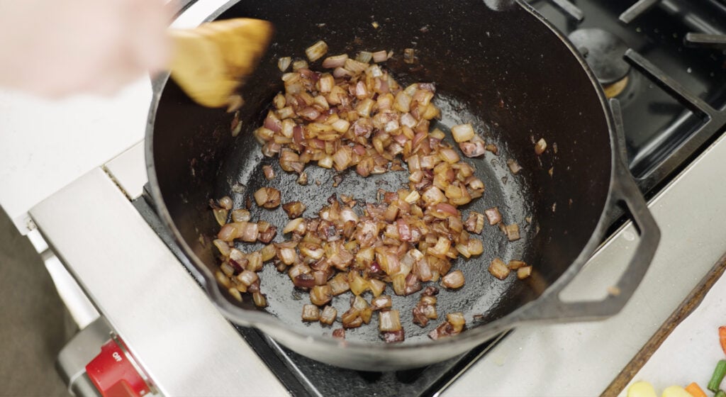 brown caramelized onions in a pot