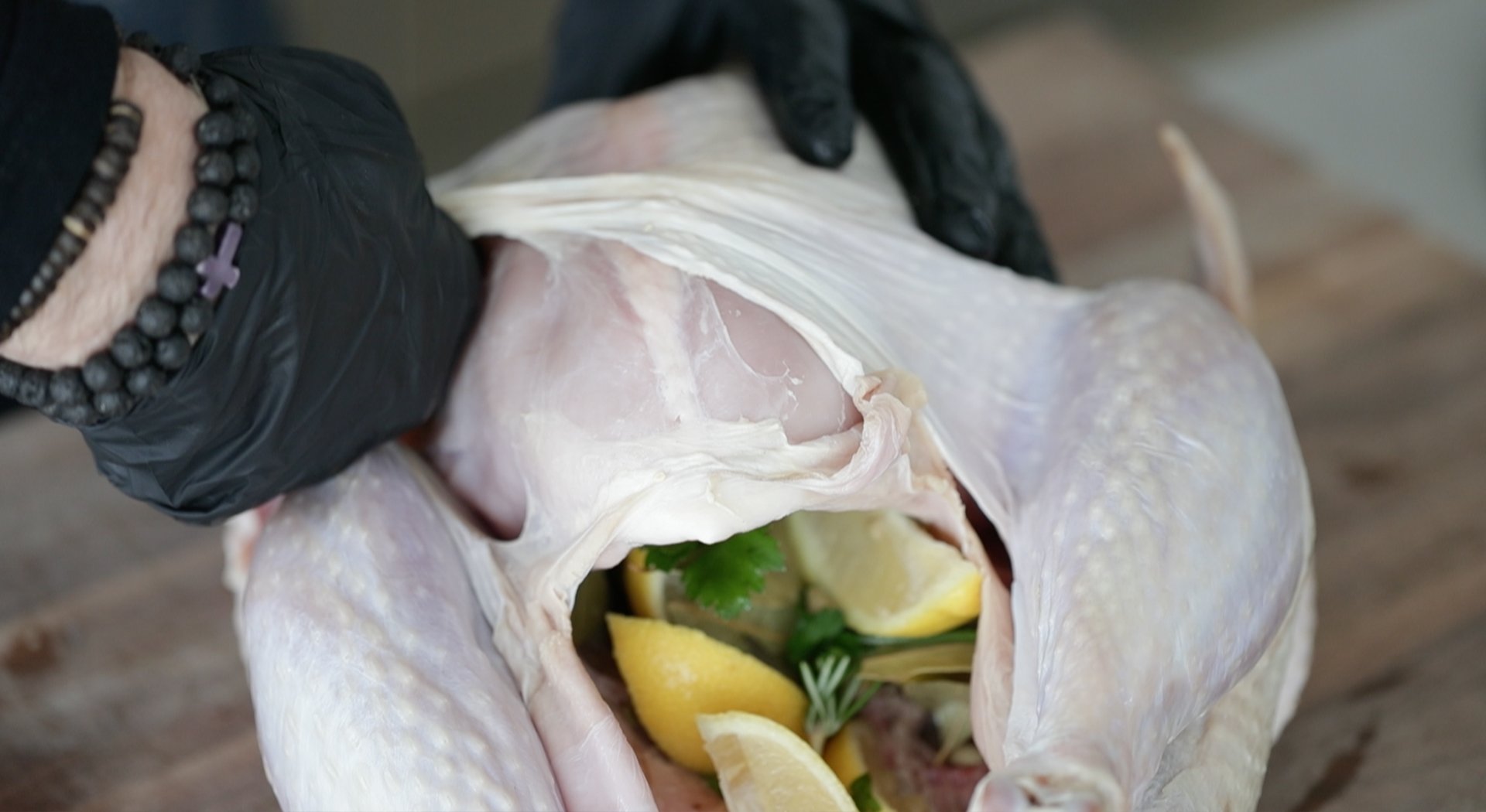 pulling back the skin on a turkey