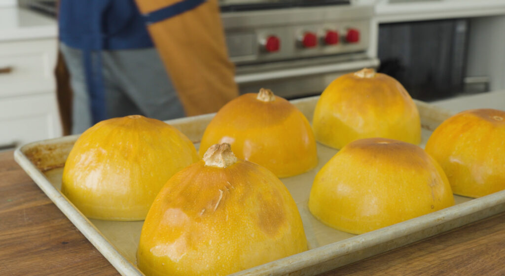 Pan with squash on counter cooling