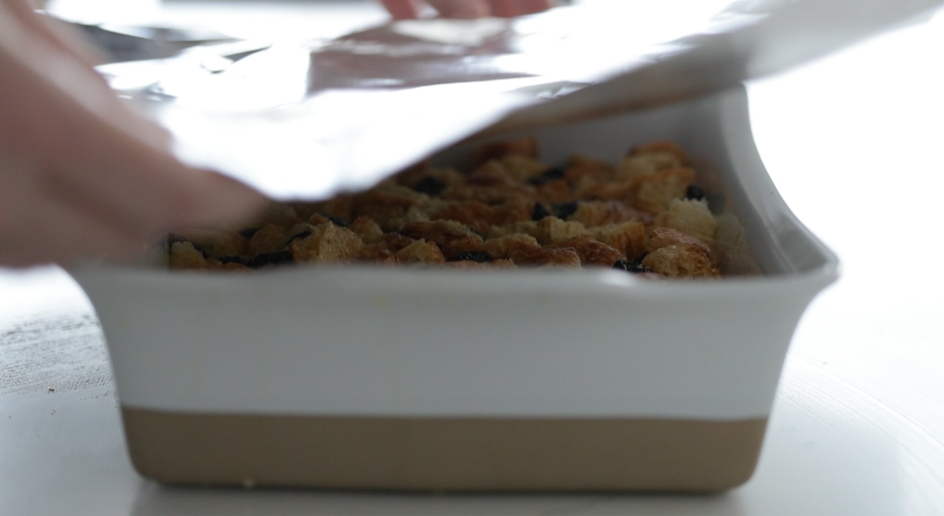 covering a bread pudding with foil