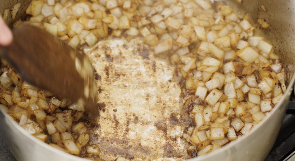 Browned chopped onions in a pot