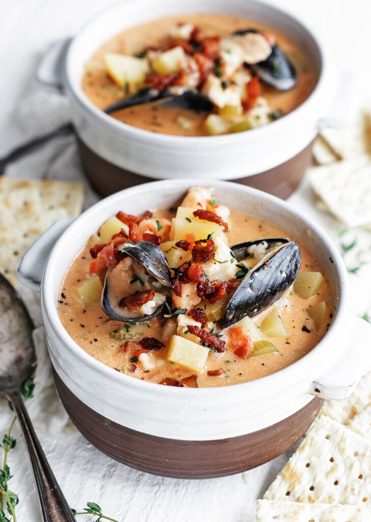 Two bowls of seafood chowder