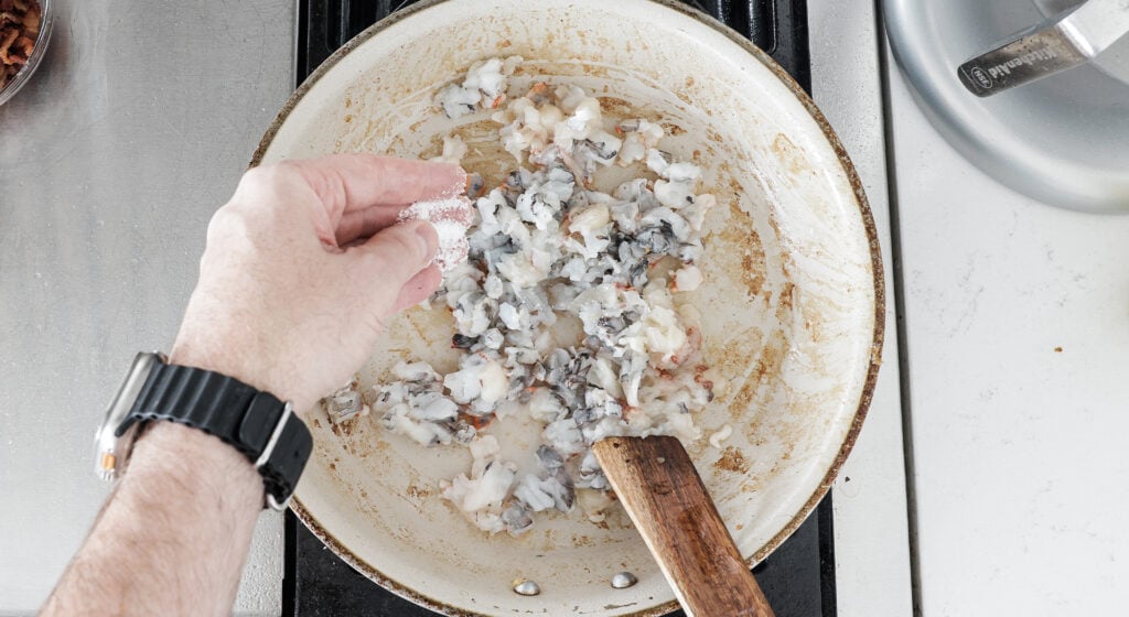 Seafood browning in pot