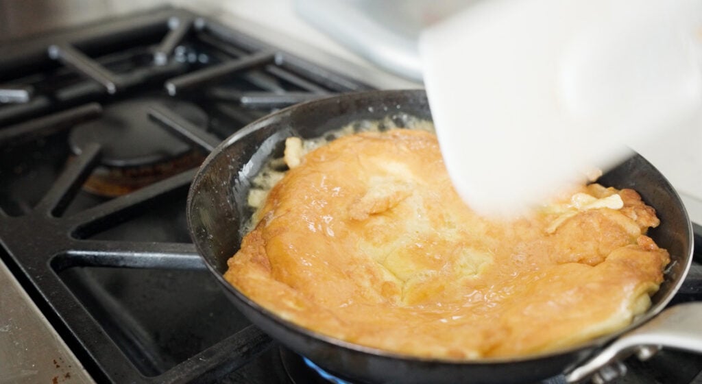 browned omlette in pan