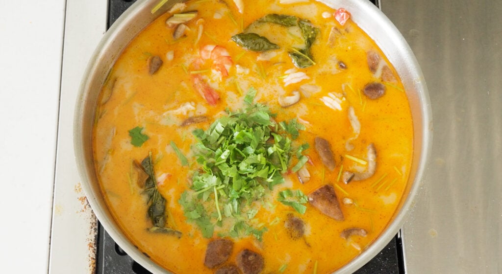 Large pot of soup garnished with chopped green cilantro leaves