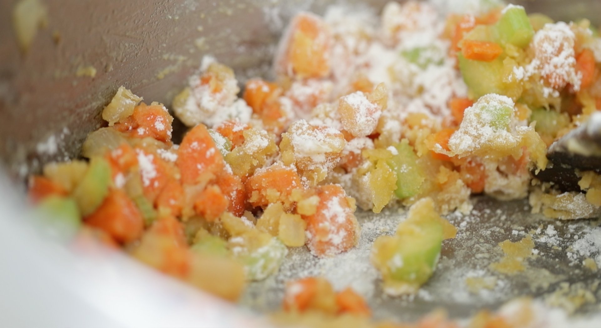making a roux with flour and vegetables