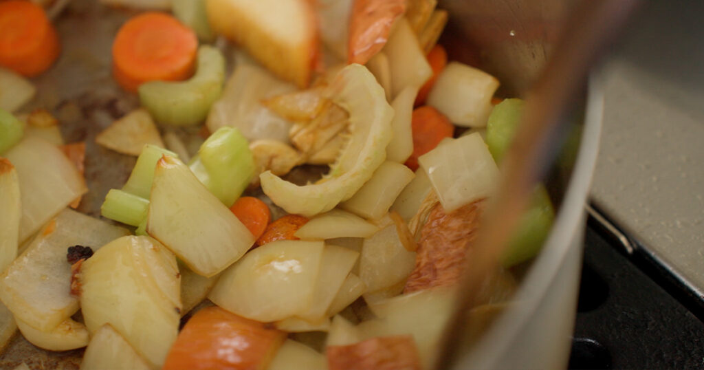 close up of vegetables in a pot