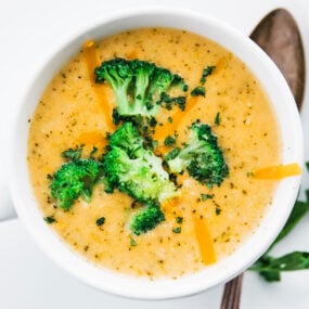 a cup of broccoli cheddar soup