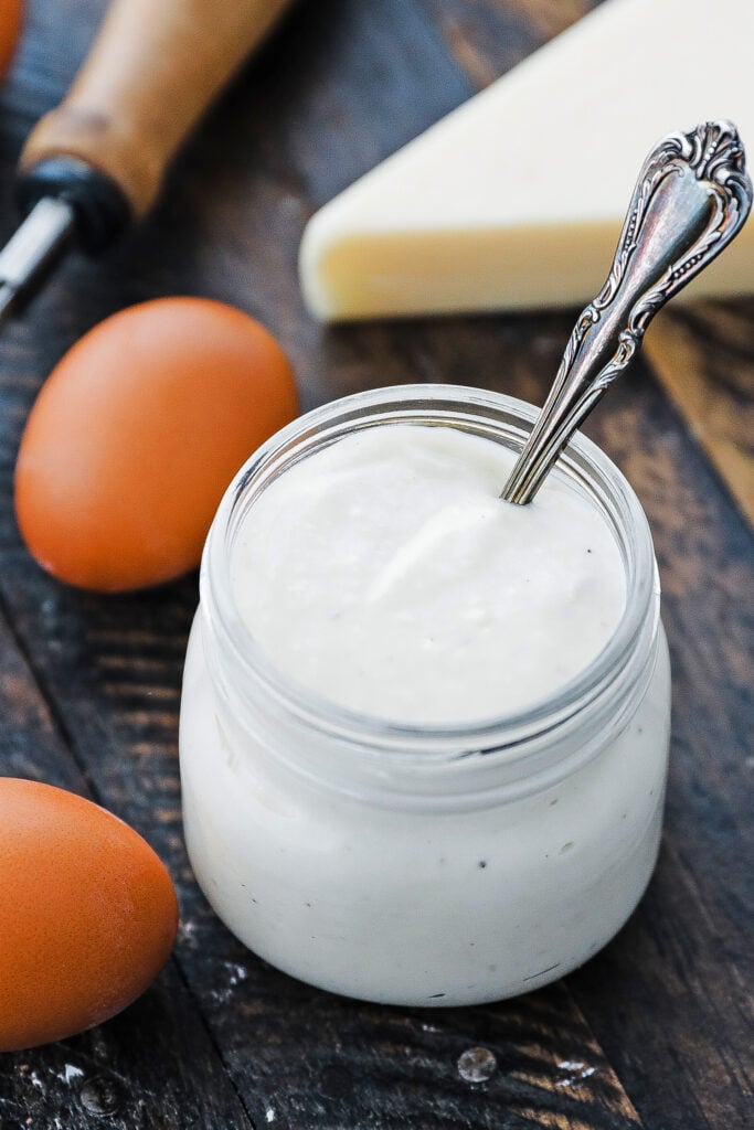 jar of homemade caesar salad dressing