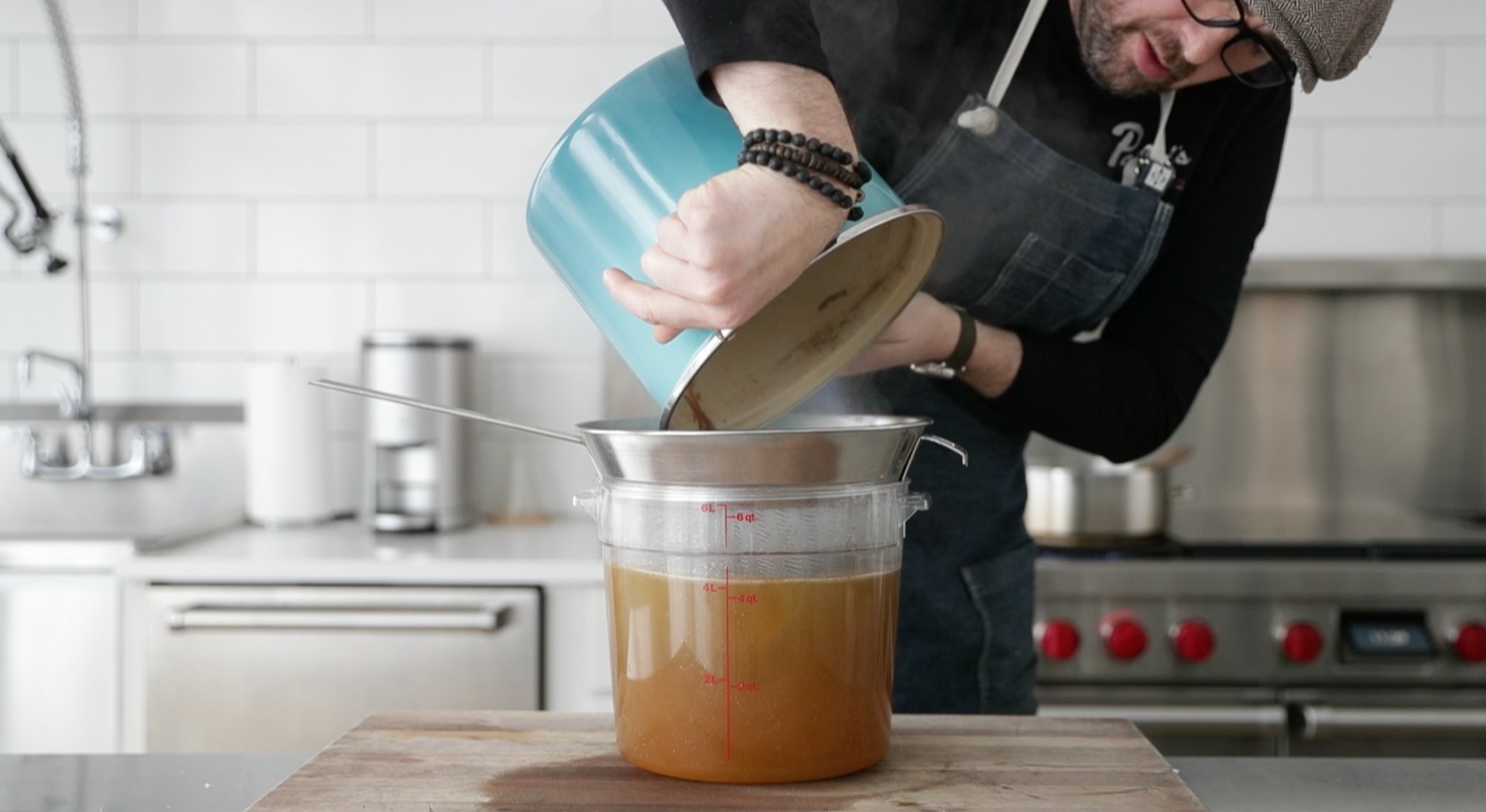 draining a chicken stock