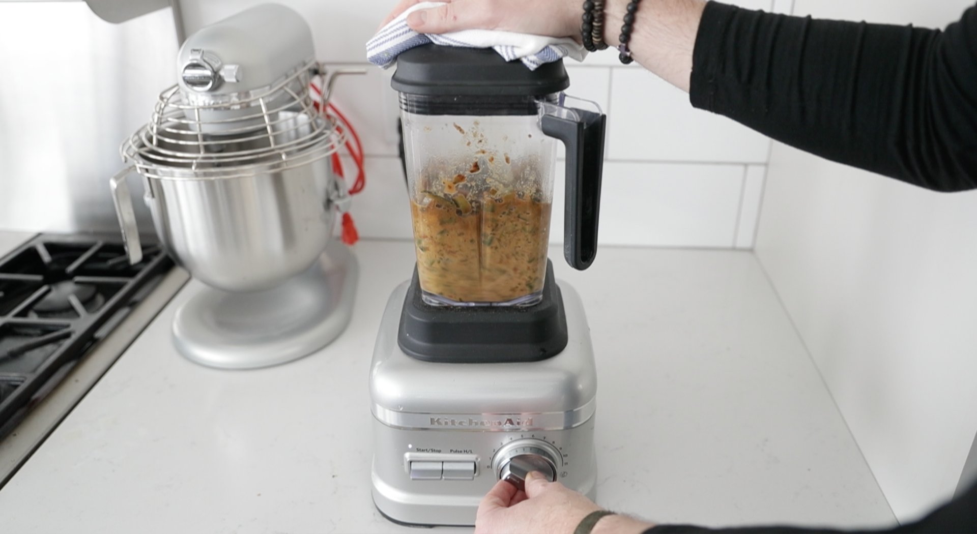 blending peppers and stock